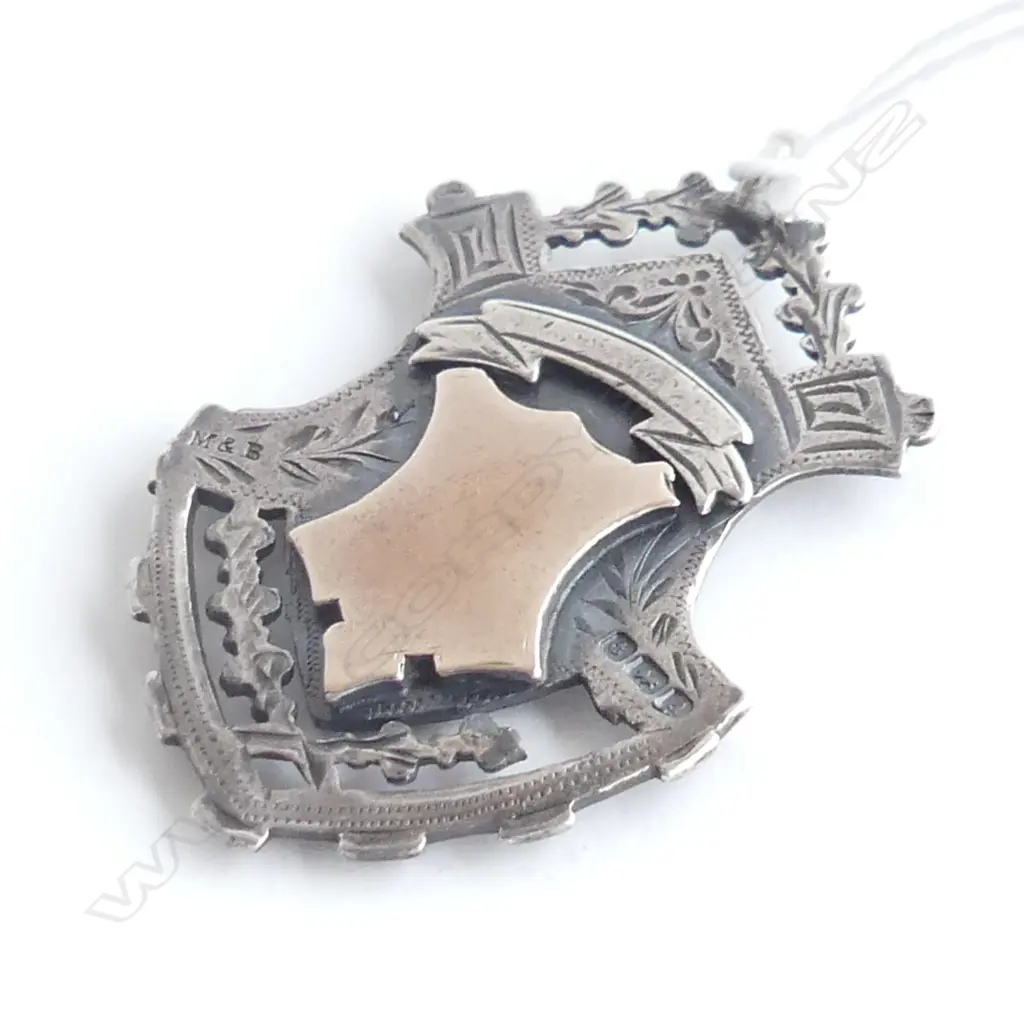 C1900 SILVER & GOLD FOB MEDALLION shield form fret cut Image 1++