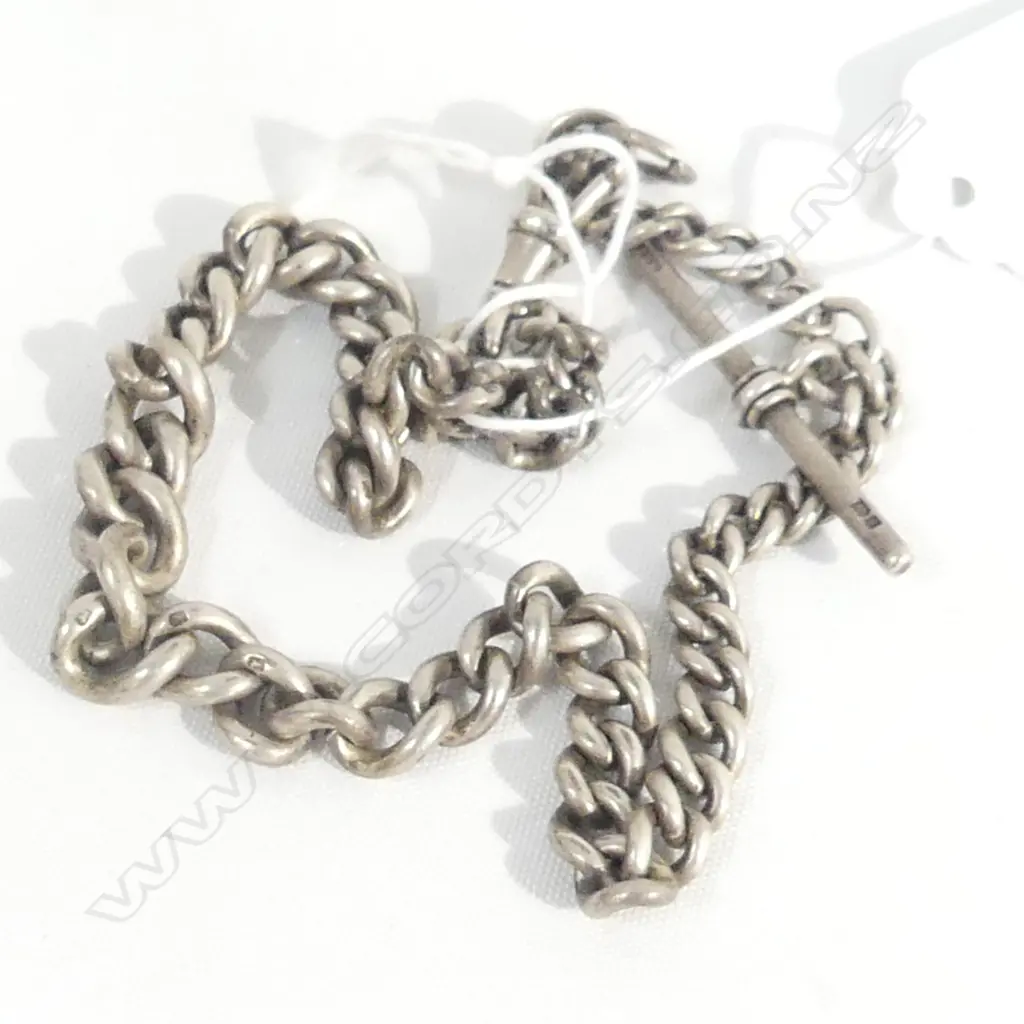 ANTIQUE SILVER GRADUATING CURB LINK ALBERT CHAIN W T-BAR L.370mm Image 1++