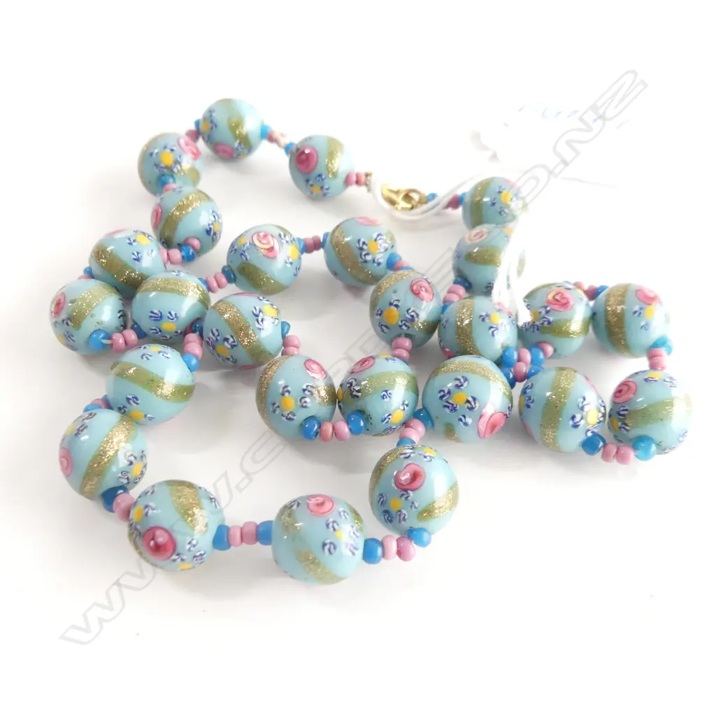 VENETIAN COLOURED GLASS BEAD NECKLACE gold flecked highlights L.460mm Image 1++