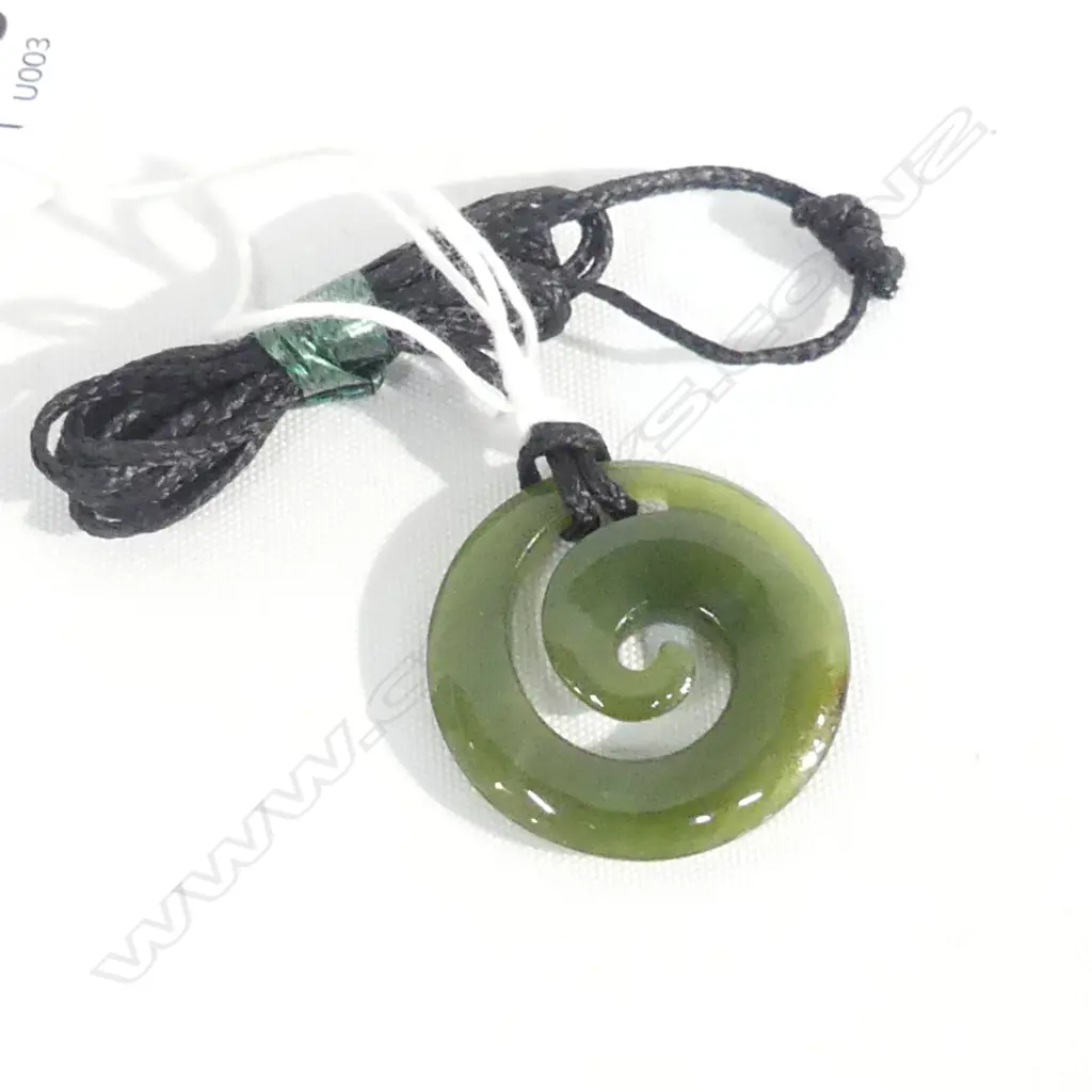 POUNAMU (GREENSTONE) SM KORU PENDANT ON BLACK WAXED ADJUSTABLE CORD Image 1++
