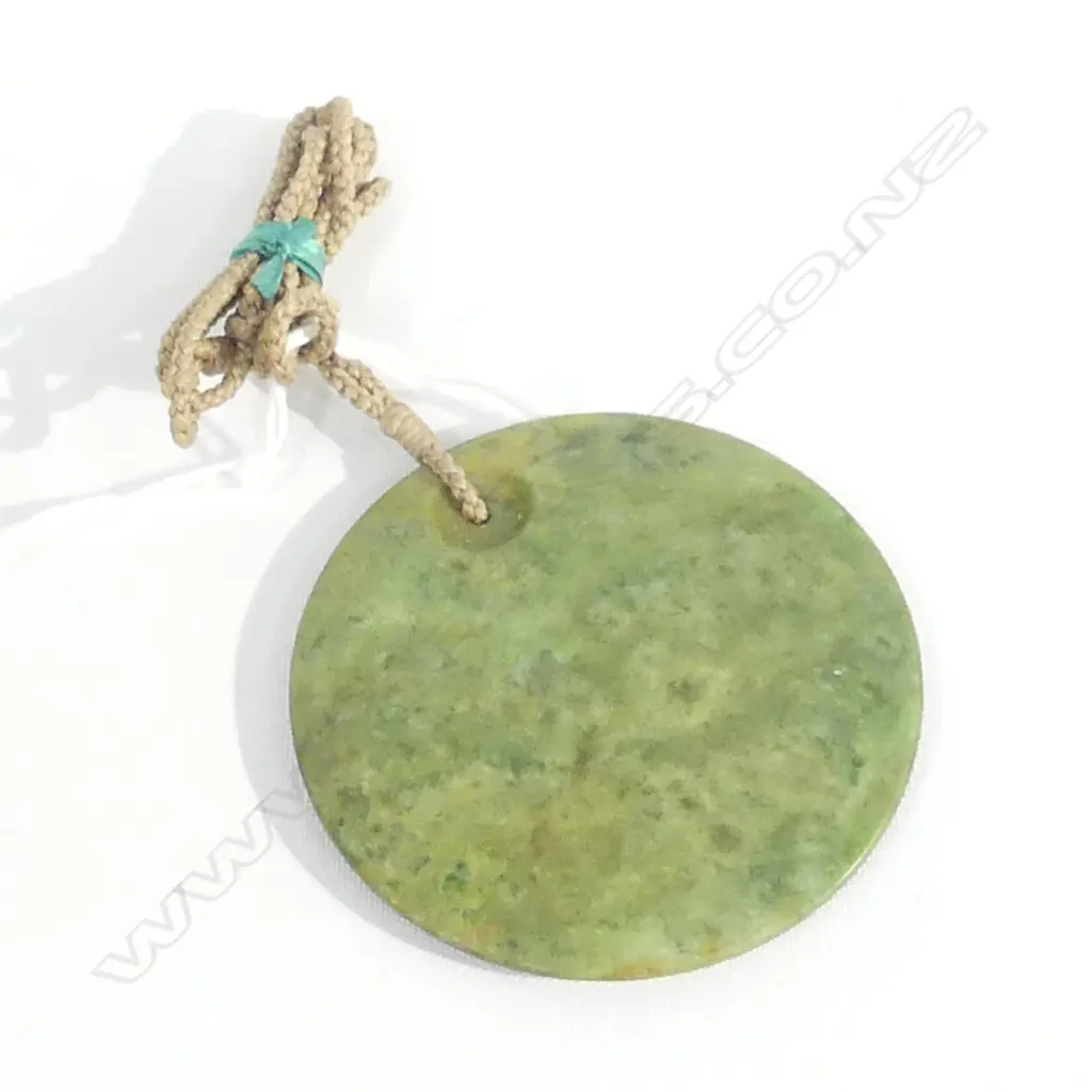 POUNAMU (GREENSTONE) LG DISC PENDANT ON BROWN WAXED ADJUSTABLE CORD Image 1++