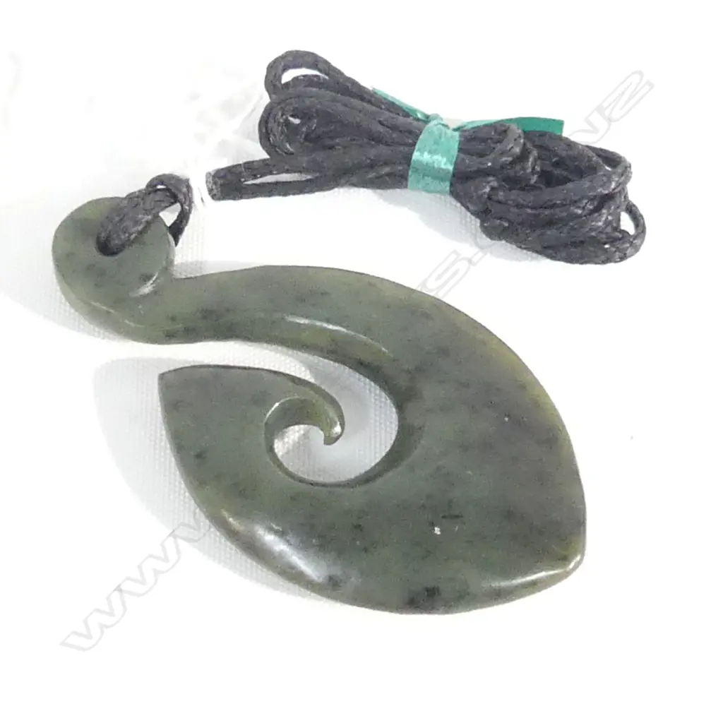 POUNAMU (GREENSTONE) FISH HOOK PENDANT ON BLACK WAXED ADJUSTABLE CORD Image 1++