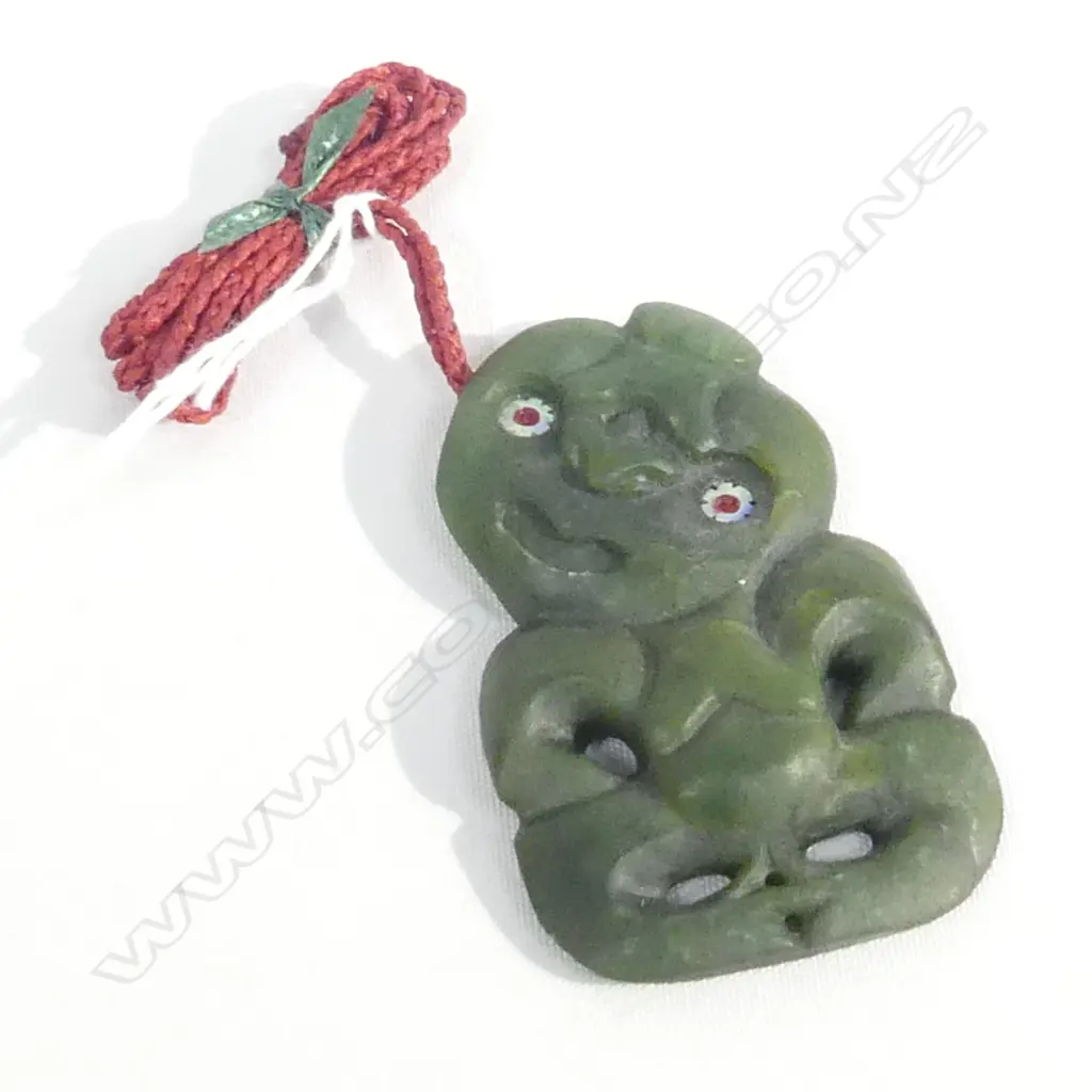 POUNAMU (GREENSTONE) LG TIKI PENDANT ON RED WAXED ADJUSTABLE CORD Image 1++