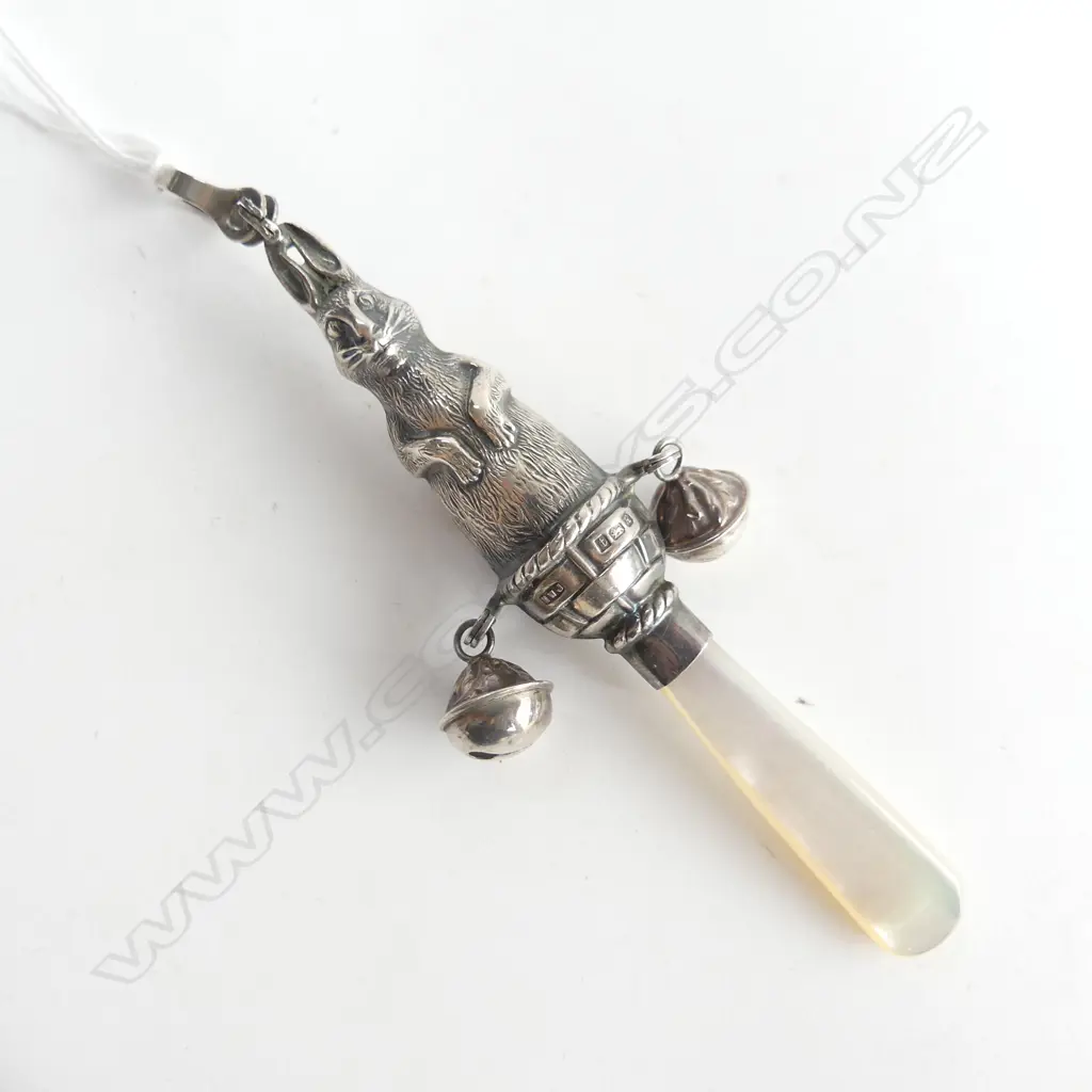 OLD SILVER & MOP ROBBIT BABY'S TEETHING RATTLE Birmingham hallmark Image 1++