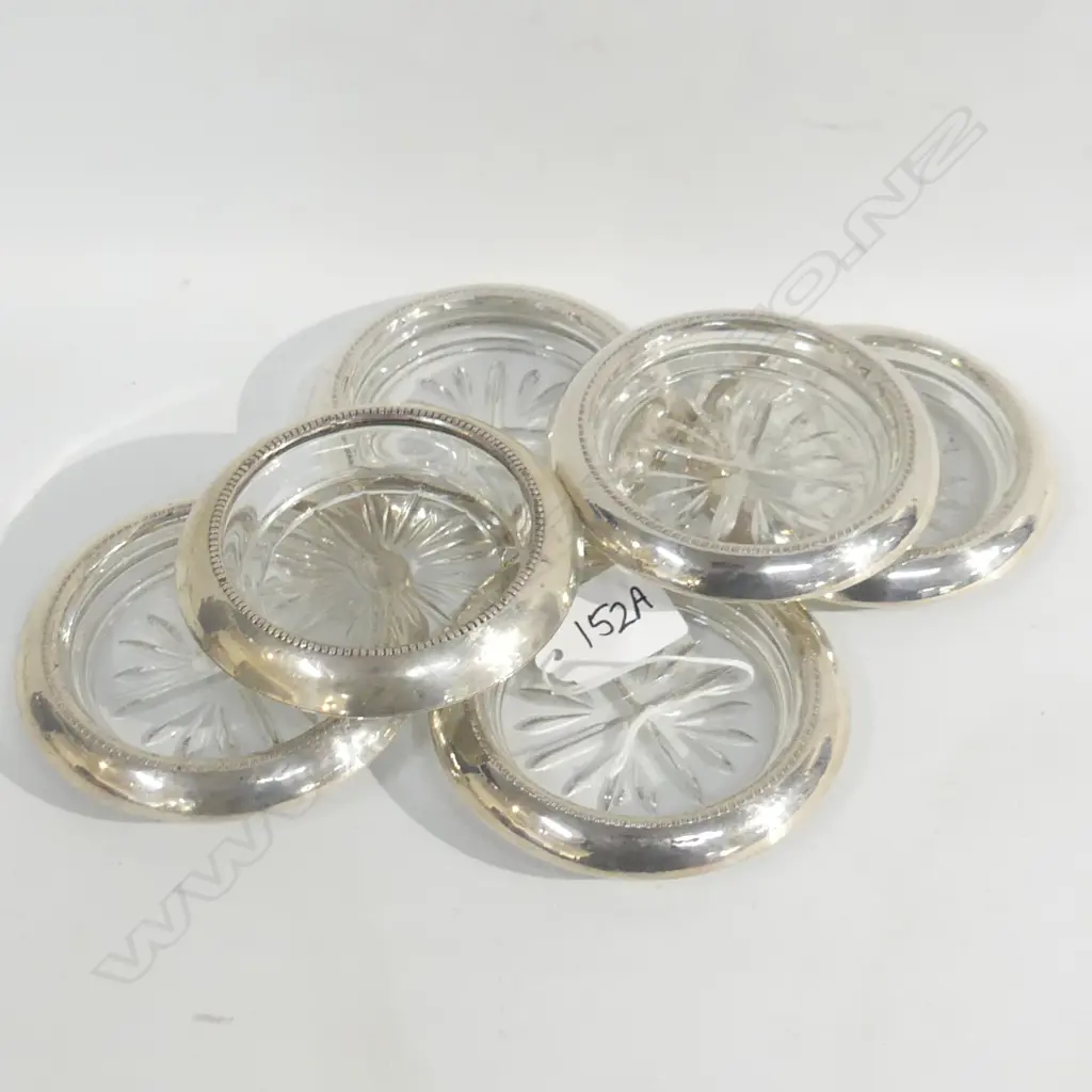 6 STG SILVER & GLASS COASTERS, STAMPED 'STERLING SILVER' DIA 98MM Image 1++