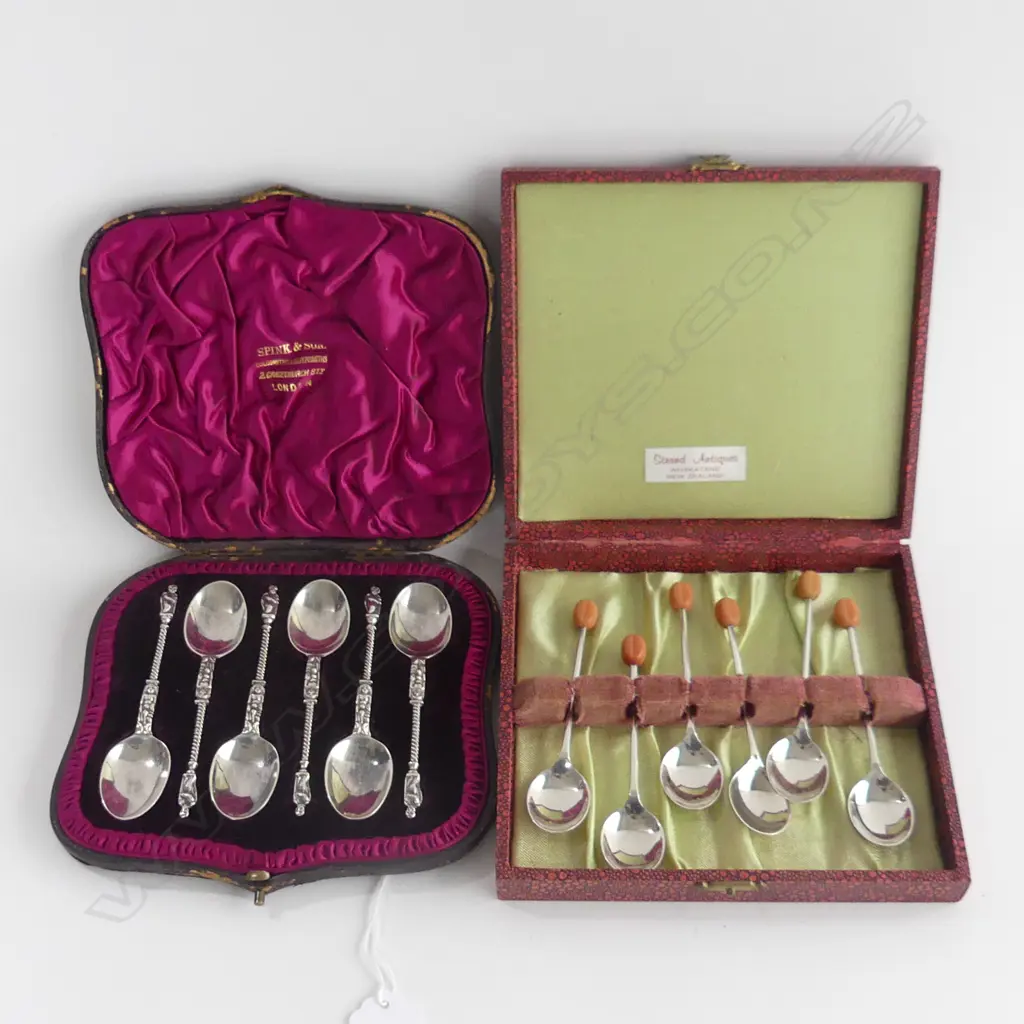 2 SETS CASED STG TEASPOONS; APOSTLE & COFFEE 126 GRAMS... Image 1++