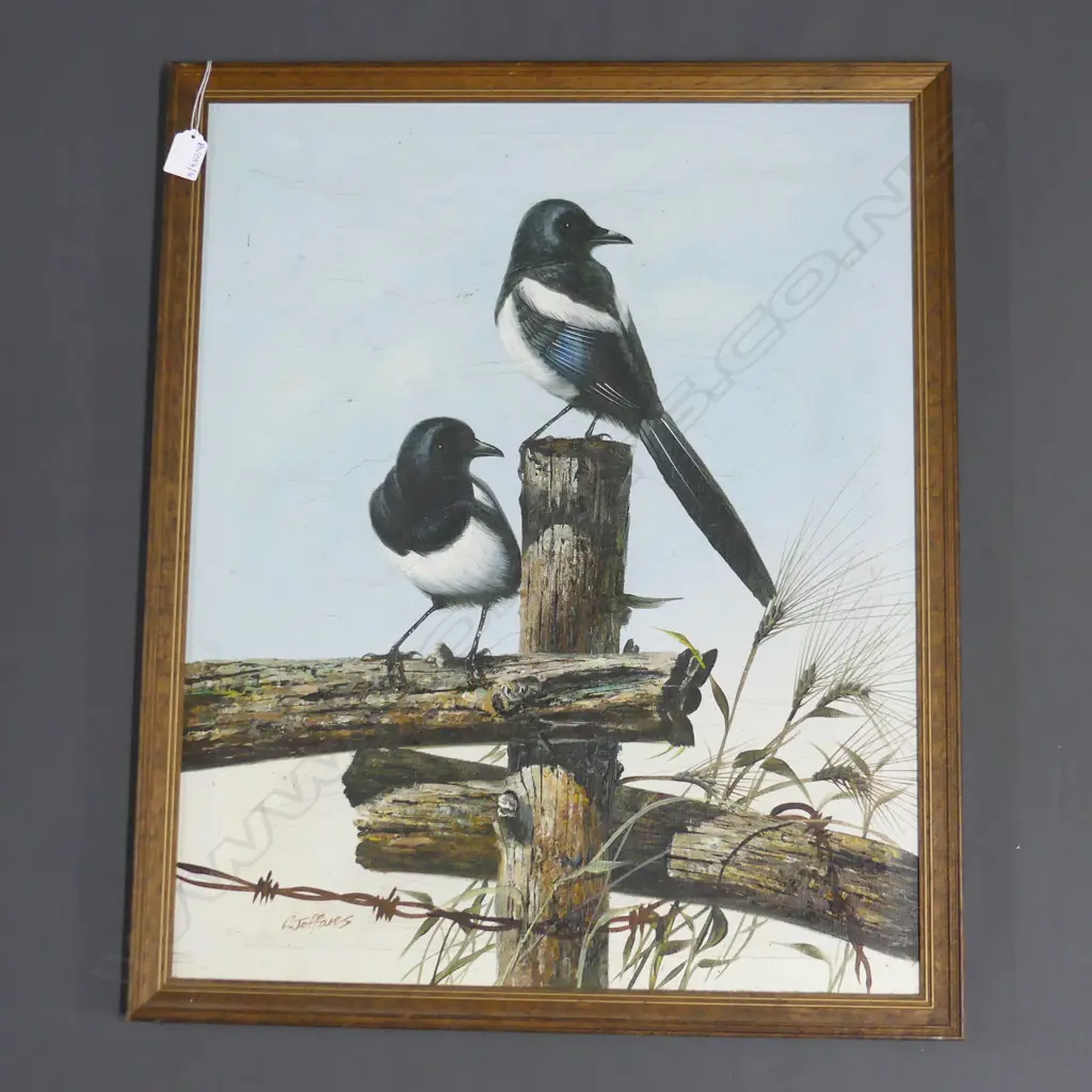 C. JEFFARES BIRDS ON FENCE POST OIL 620x510mm Image 1++