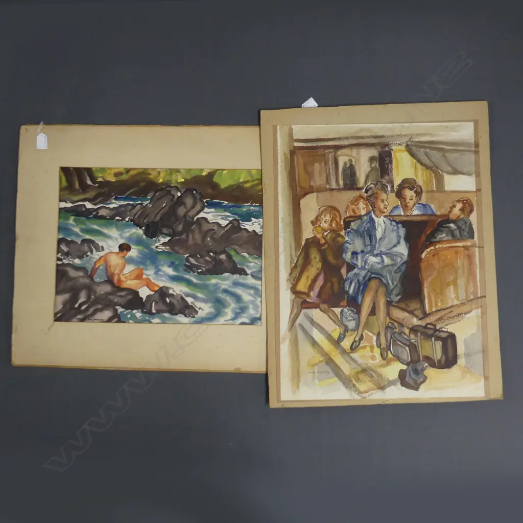 2 CELINA BALLANTINE W/Cs - PEOPLE WAITING / MAN ON OCEAN ROCKS 350x470mm Image 1++