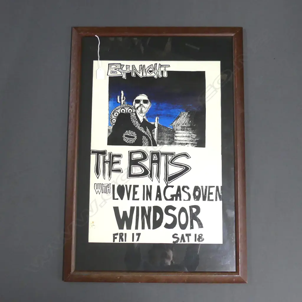 FRAMED POSTER; 'BY NIGHT THE BATS WITH LOVE IN A GAS OVEN WINDSOR FRI 17 SAT 18 580x420mm Image 1++