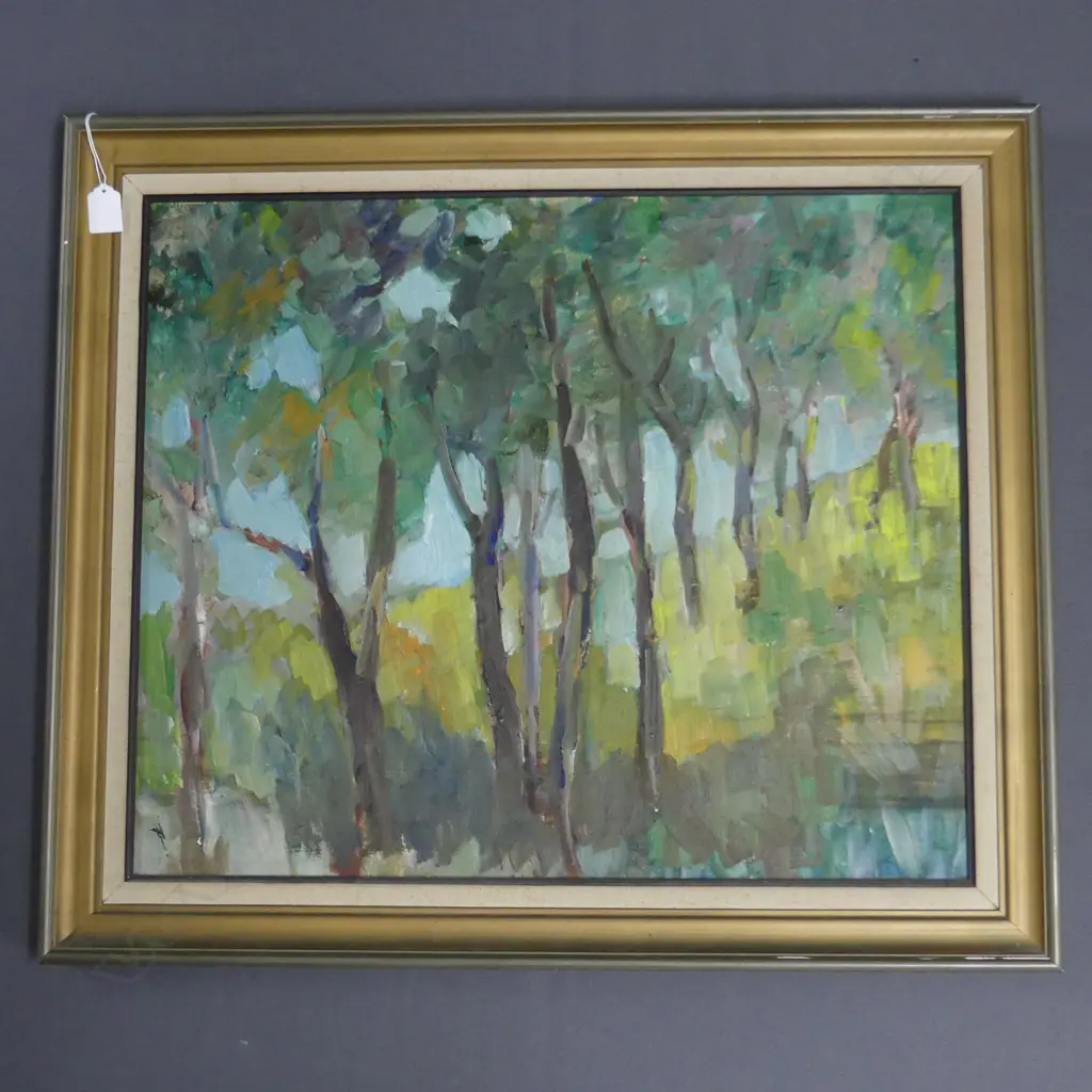 ARTIST UNKNOWN ABSTRACT TREED LANDSCAPE OIL 495x595mm  Image 1++