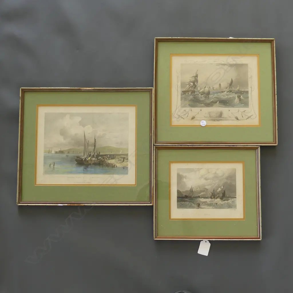 3 HANDCOLORED ENGRAVINGS VICTORIAN. MARITIME THEMES 190x240mm.170x205mm.130x170mm Image 1++