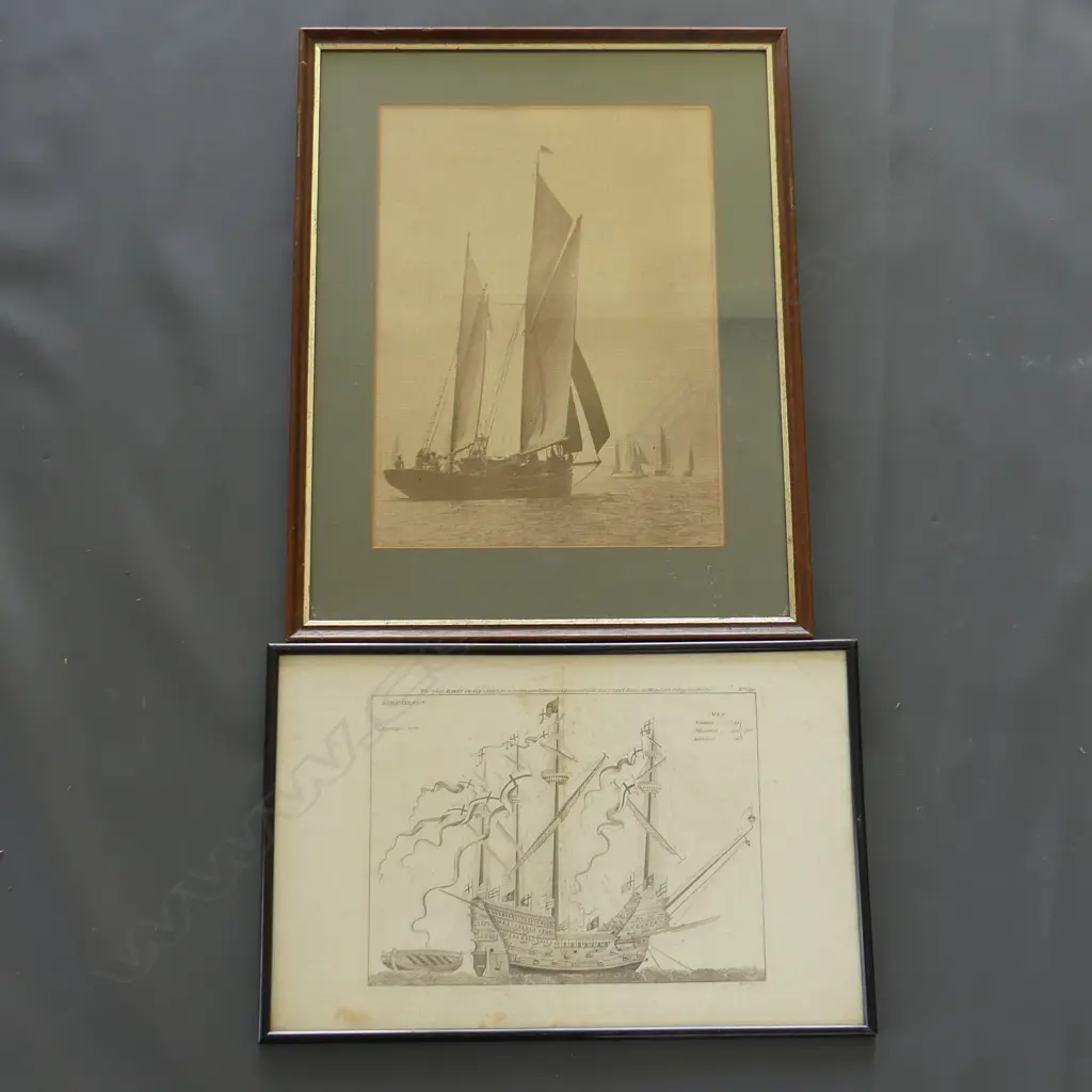 2 MARITIME THEMED FRAMED WORKS. 19THC ENGRAVING OF THE HARRY GRACE 280x450mm AND SCOW SEPIA PHOTOGRAPH 380x280mm Image 1++