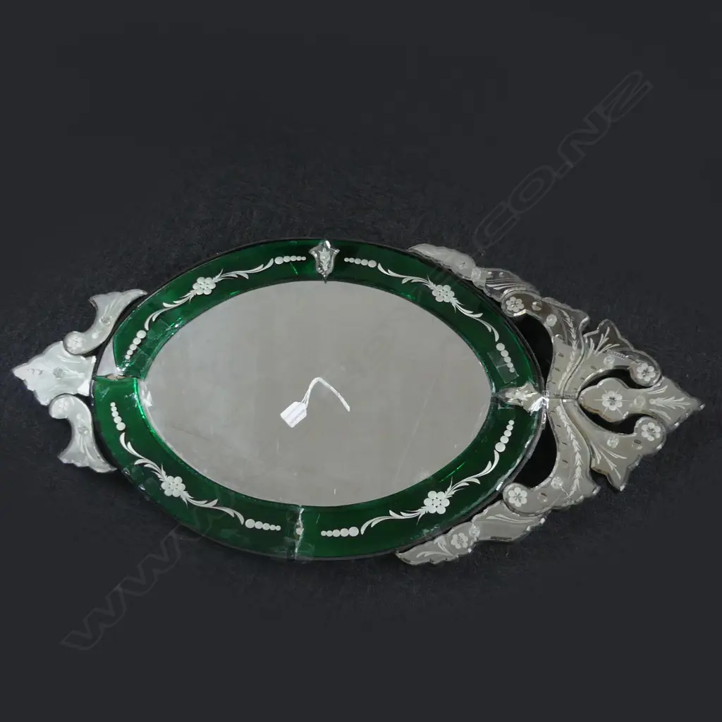 VENETIAN ENGRAVED SECTIONAL WALL MIRROR H.1000mm GREEN FRAME HAS DAMAGE Image 1++