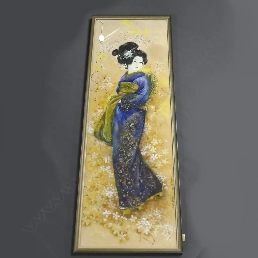 VINTAGE PAINTING ON SILK; JAPANESE WOMAN IN KIMONO 1100x365mm Image 1++