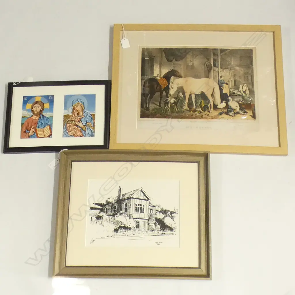 3 PRINTS; RUSSIAN ICONS, MAIN ROAD TAWA, HERRING 'AN ENGLISH HOMESTEAD' LITHOGRAPH 290x375mm Image 1++