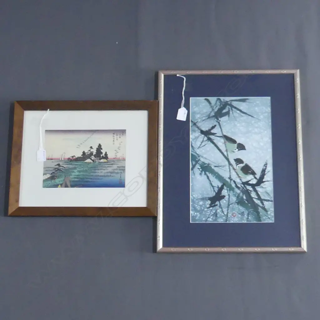 2 ORIENTAL ARTWORKS; BIRD PRINT ON FABRIC 350x220 + LANDSCAPE PRINT 160x225mm Image 1++