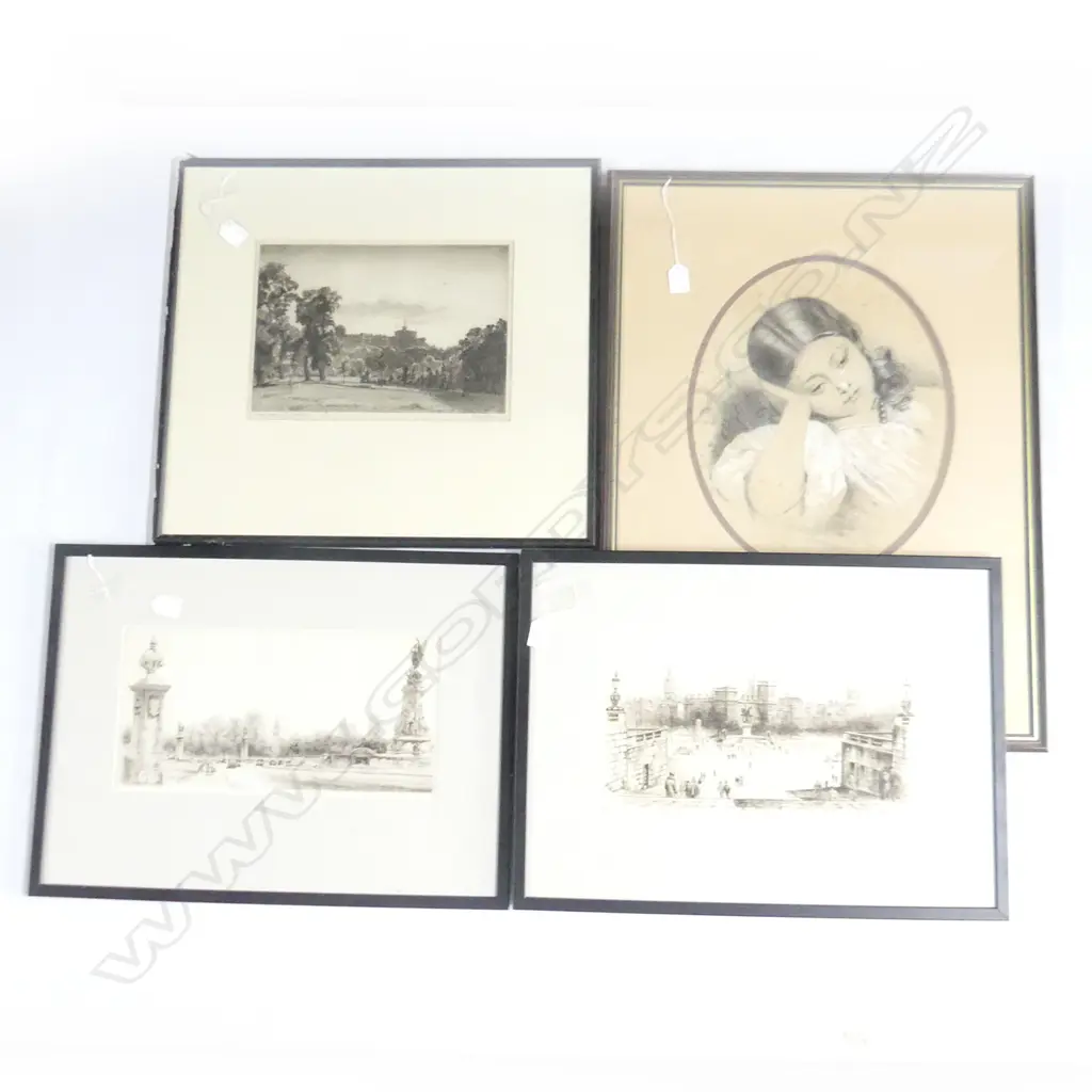 4 PRINTS; 2 LONDON ETCHINGS, J. DUDLEY HAYNES 'WINDSOR CASTLE' & VICTORIAN GIRL 385x305mm Image 1++