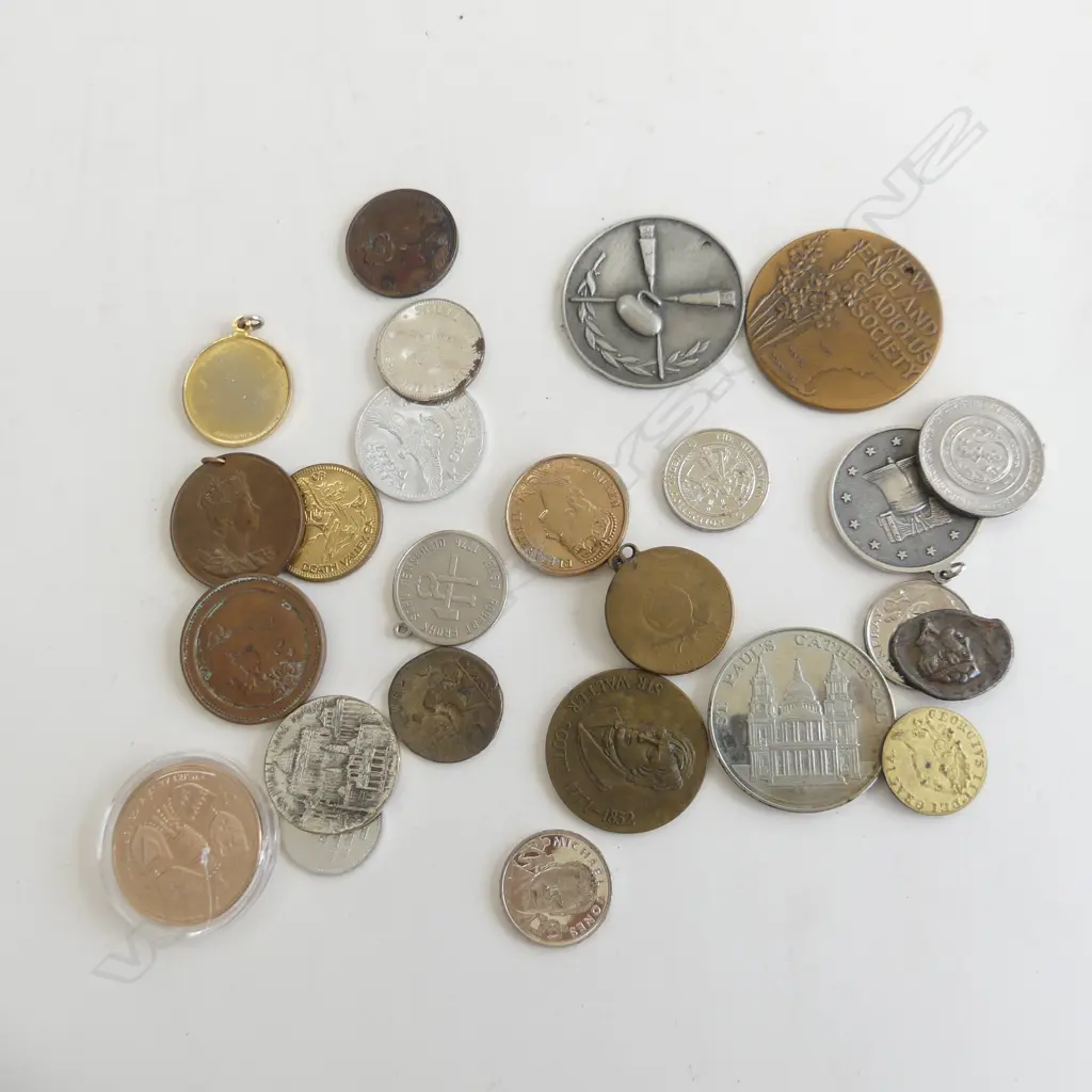 2 CONTAINERS ASST COMMEMORATIVE COINS, MEDALLIONS ETC.. Image 1++