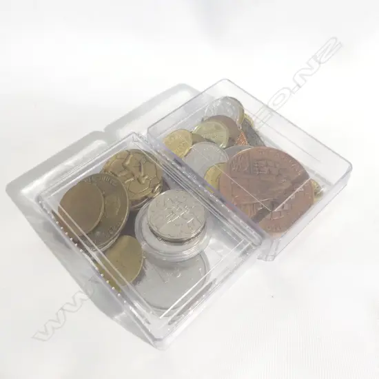 2 CONTAINERS MIXED COINS, MEDALLIONS, TOKENS ETC...