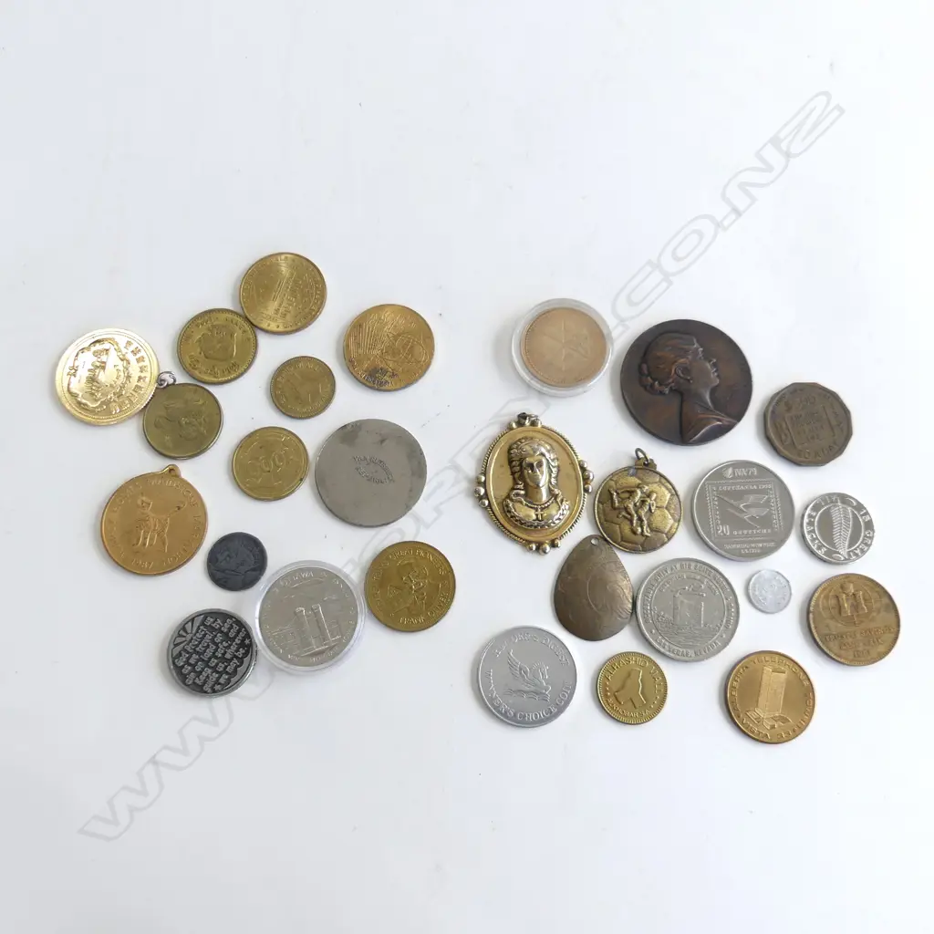 2 CONTAINERS ASST OLD COINS, MEDALS & MEDALLIONS ETC.. Image 1++