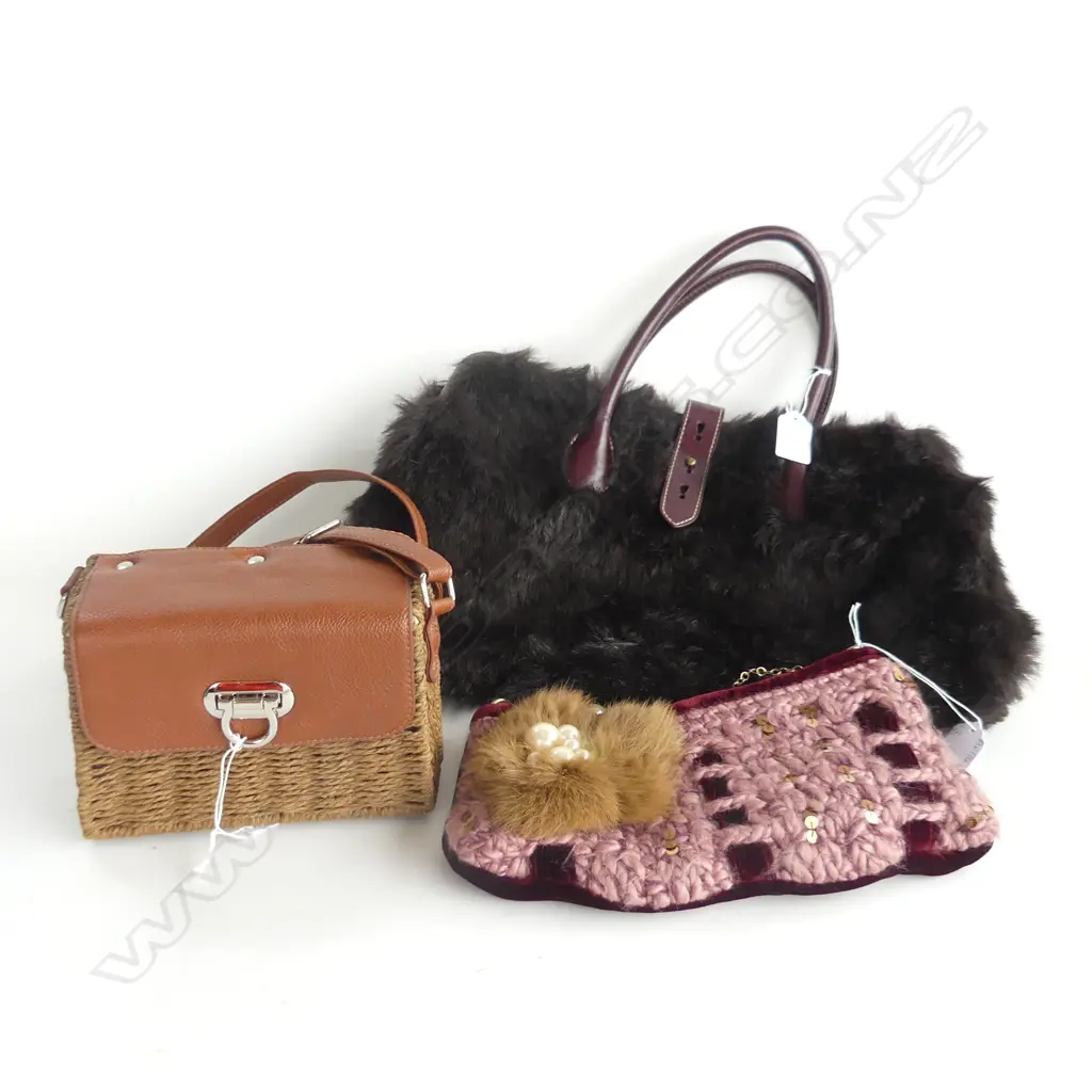 3 LADIES BAGS; BLACK FAUX FUR & LEATHER, WICKER & LEATHER & CACHE CACHE PINK WOOL & VELVET Image 1++
