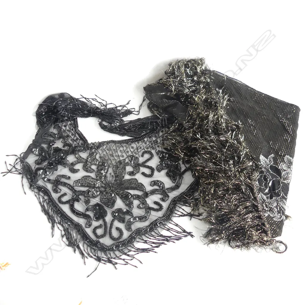 2 FANCY BLACK SHAWLS. 1 BEADED THE OTHER GOLD THREADED Image 1++