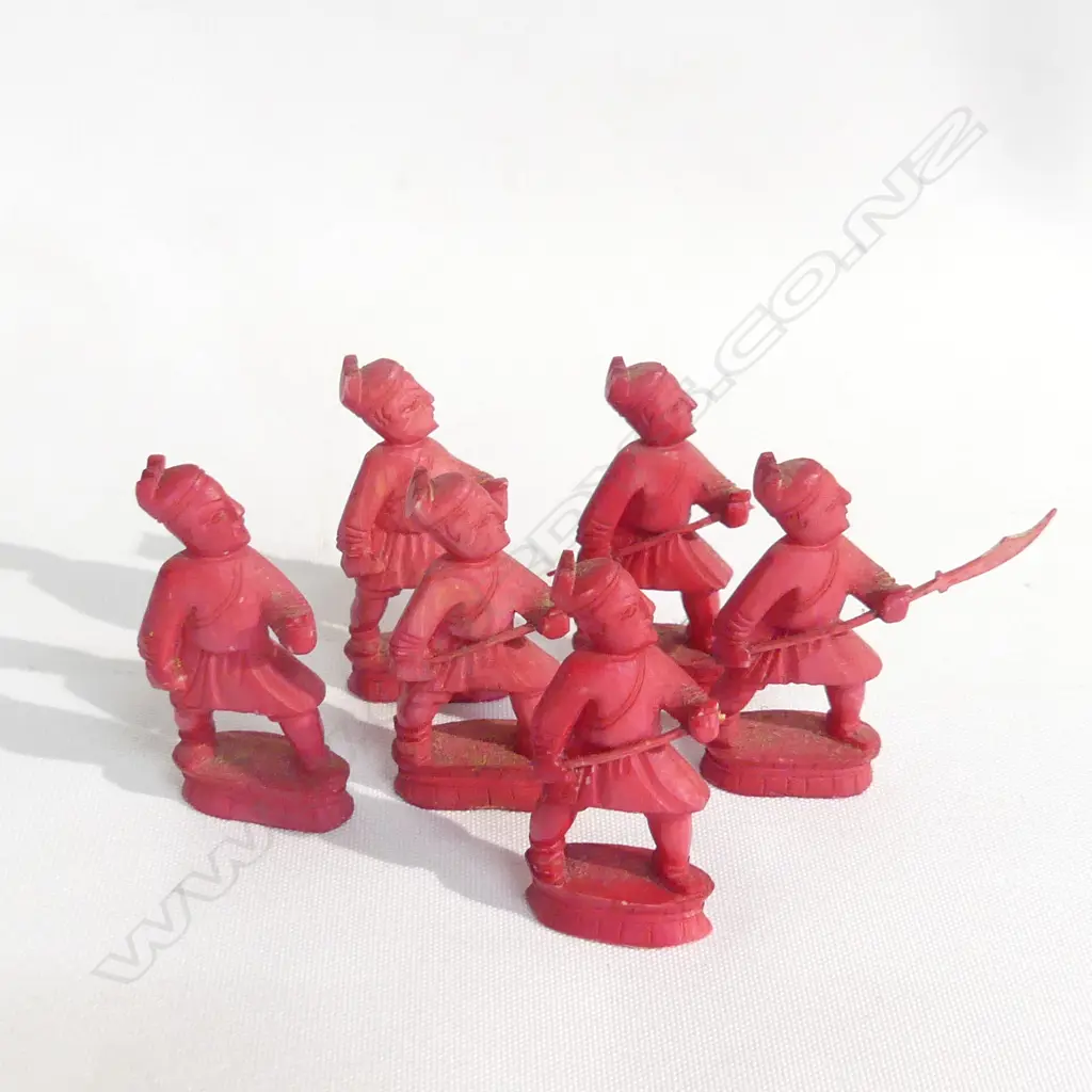 SIX CHINESE CARVED IVORY WARRIOR FIGURES, RED STAIN H.50MM Image 1++