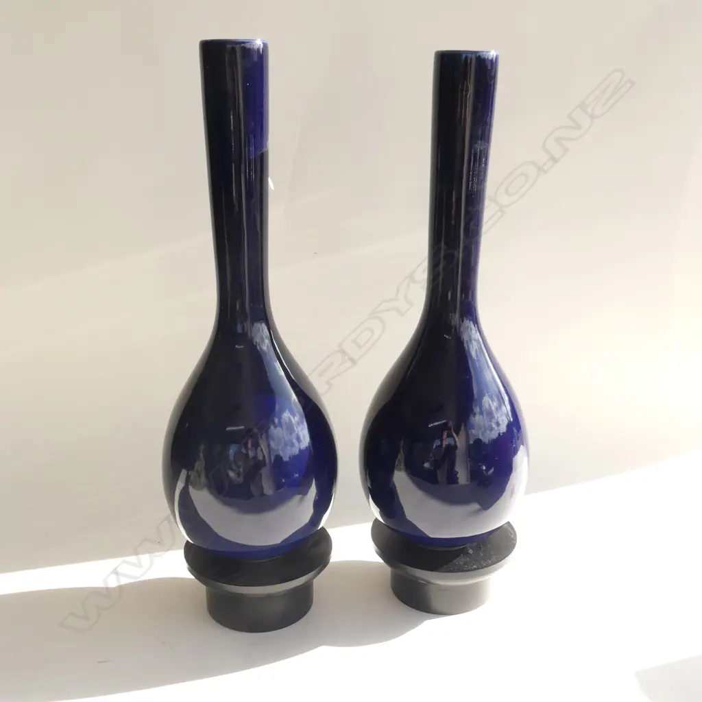 PR BLUE GLAZED ORIENTAL STYLE VASES H.455mm + WOODEN STANDS Image 1++