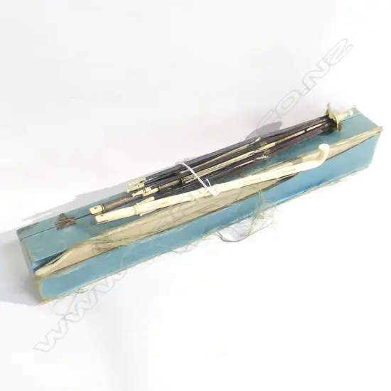 ANTIQUE IVORY & EBONY PARASOL FRAME IN DISTRESSED SILK BOX