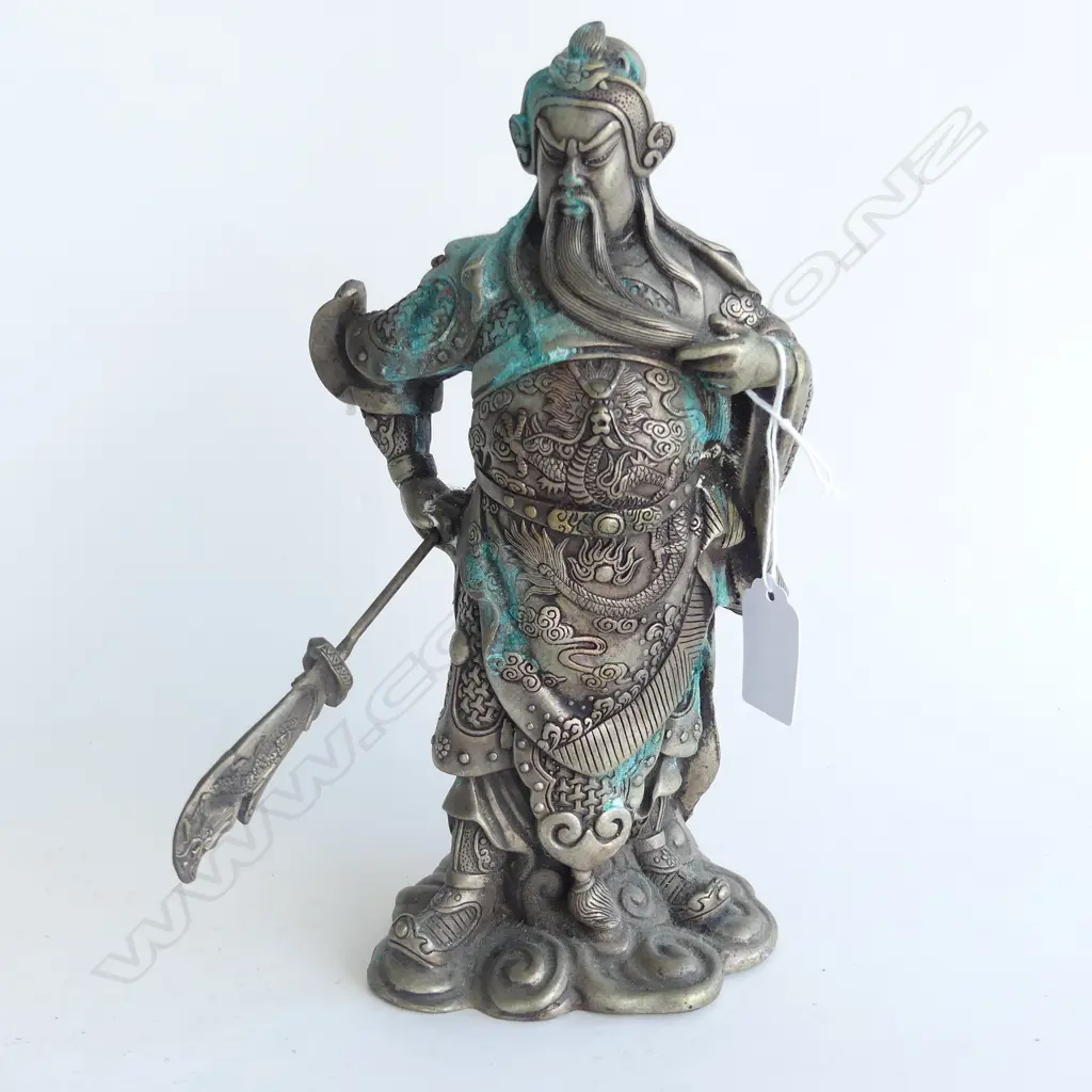 CHINESE WHITE METAL TEMPLE GUARDIAN FIGURE w HALBERD POLE ARM. H.240mm Image 1++