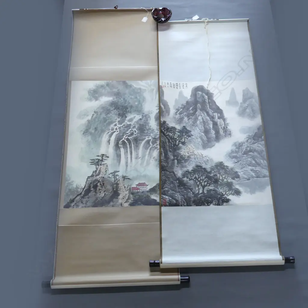 2 HAND PAINTED CHINESE LANDSCAPE SCROLLS 670x470mm (image size) Image 1++