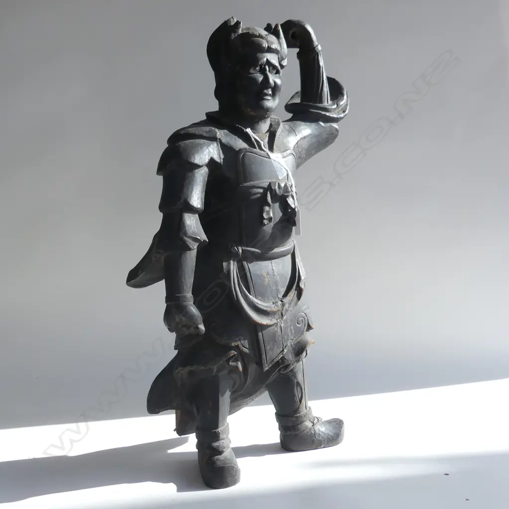 LGE ANTIQUE DEITY STATUE H560. DISTRESSED BLACK PAINTED WOOD Image 1++