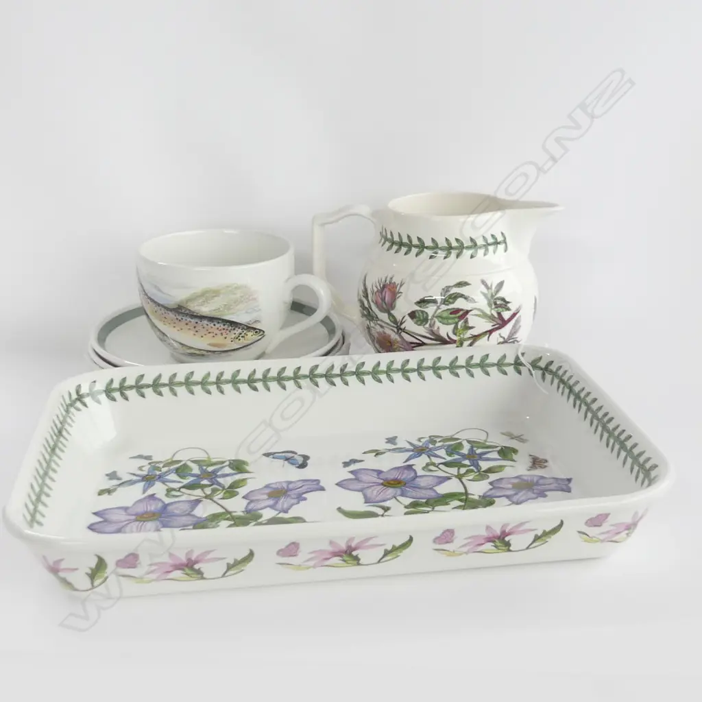 PORTMEIRION BOTANIC GARDENS; JUG (H145MM) OVEN DISH (L360MM) FLAN DISH (DIA210MM) + ANGLER SERIES BREAKFAST CUP&2 SAUCER Image 1++