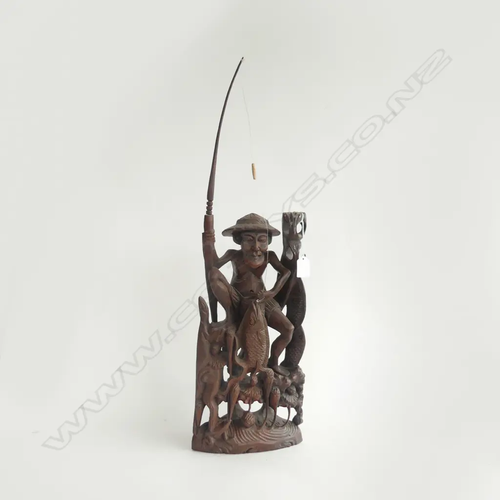 TALL CARVED ORIENTAL FISHERMAN W ROD Image 1++