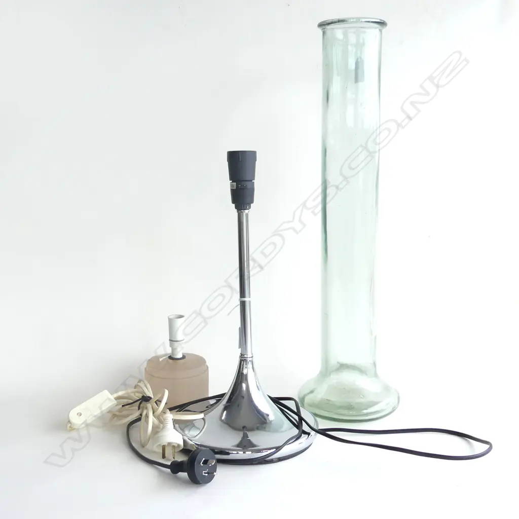 CHROME TULIP BASE LAMP, TALL GLASS VASE + RESIN LAMP BASE Image 1++
