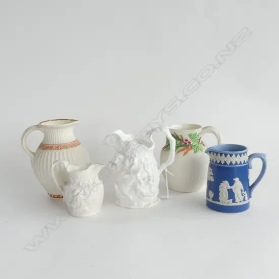 5 ANTIQUE JUGS; COPELAND, PARIAN ETC H.145mm