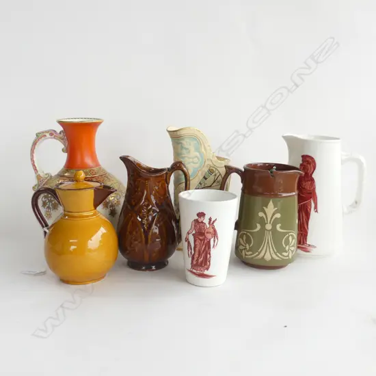 7 ASST. CERAMICS; 5 JUGS (TORQUAY, COPELAND, ROYAL WORCESTER) + BROWNFIELD JUG & BEAKER