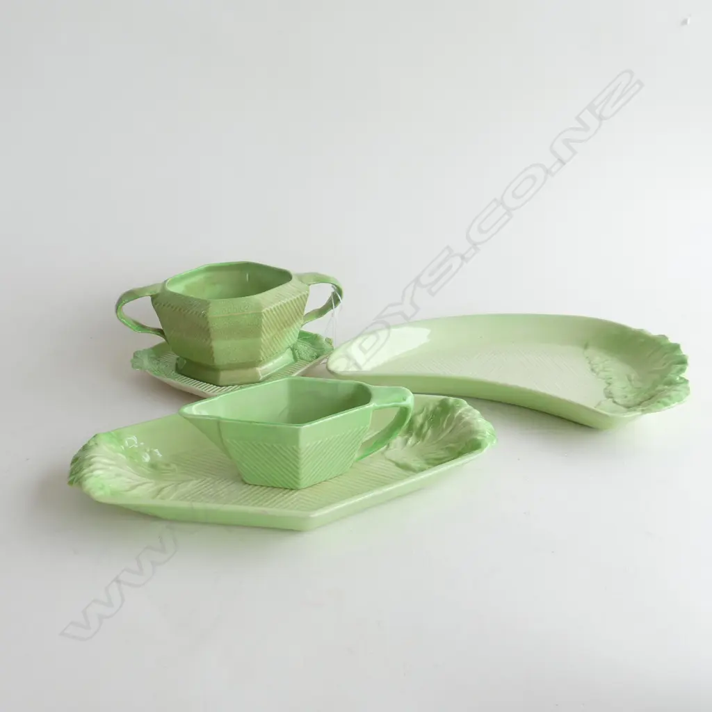 5 PCS CARLTON WARE ART DECO LETTUCE LEAF DISHES C1940-50's; JUGS, SM DISHES ETC.. SOME A/F Image 1++