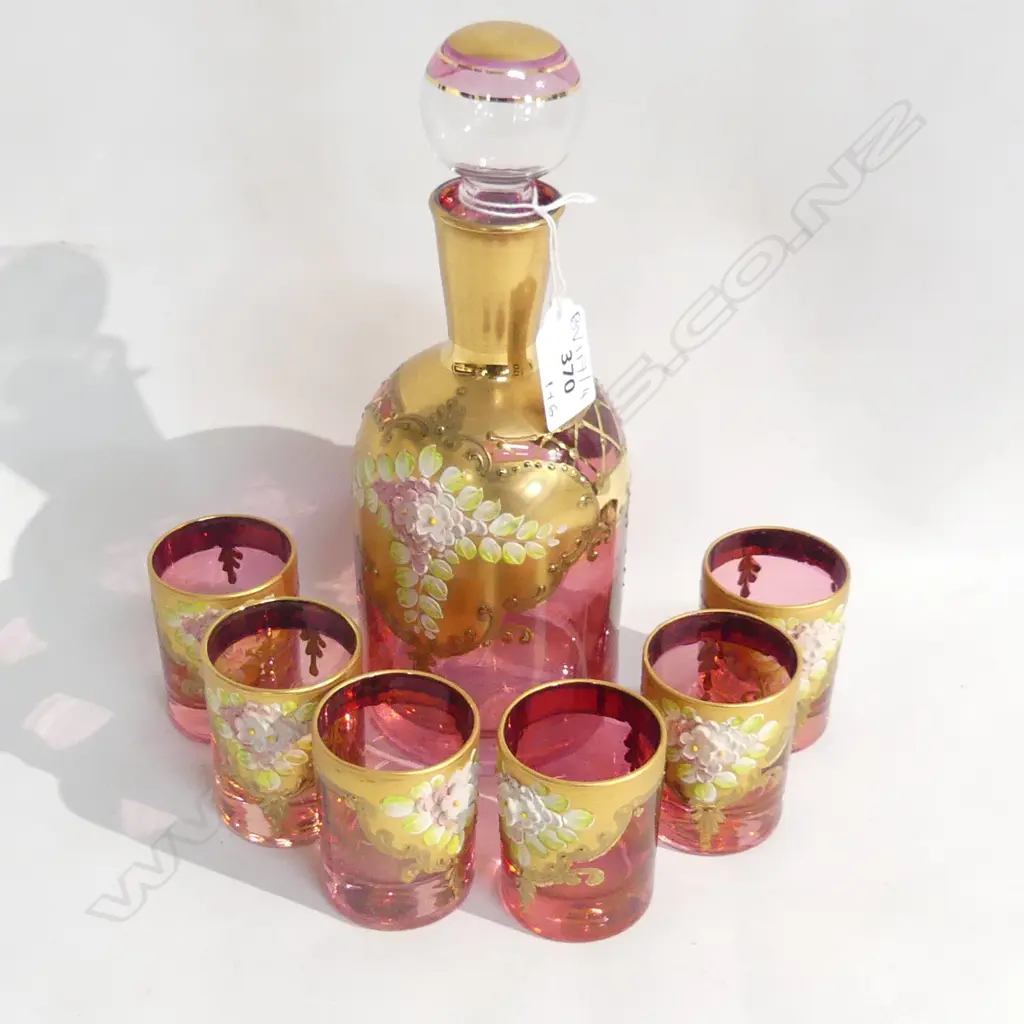 PINK VENETIAN GLASS LIQUEUR SET; DECANTER H.225mm + 6 SHOT GLASSES Image 1++