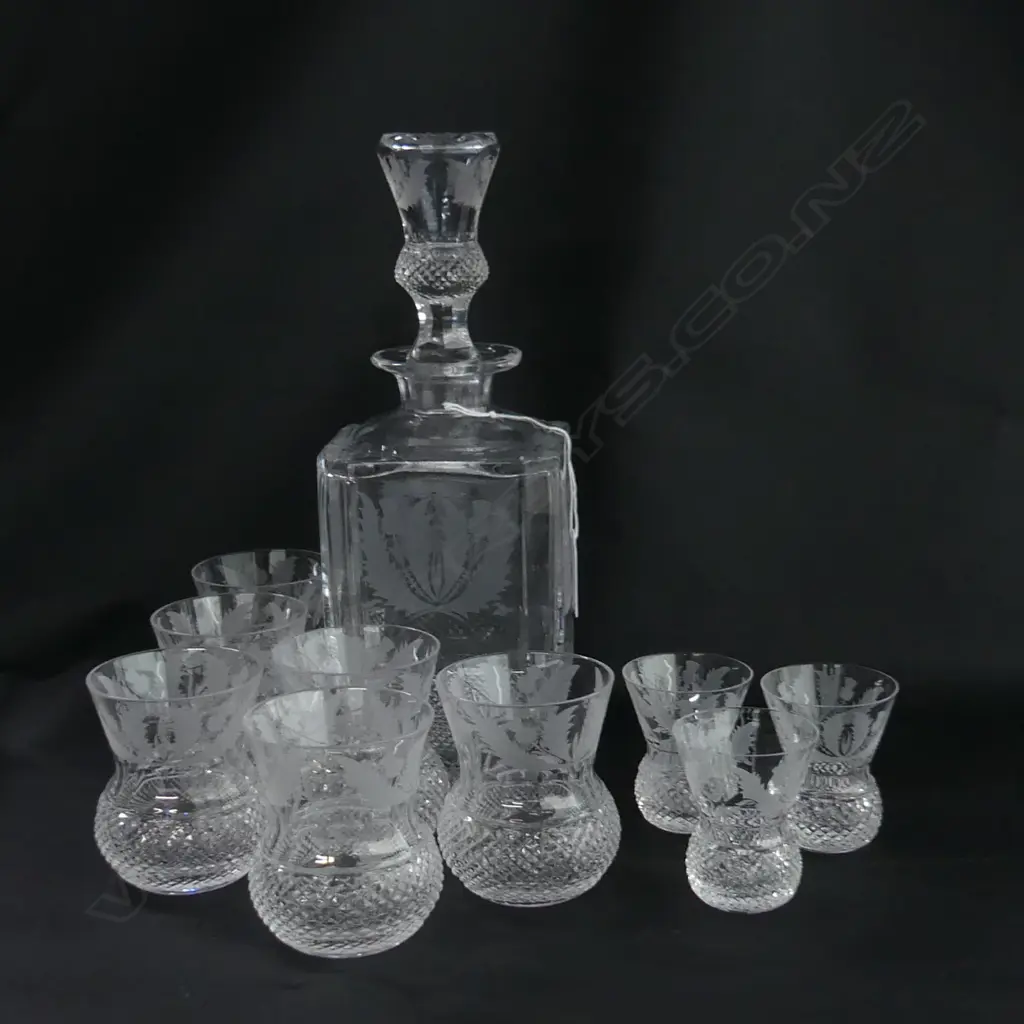 EDINBURGH CRYSTAL DECANTER, ACID ETCHED THISTLE DESIGN + 9 MATCHING GLASSES (2 SIZES (6&3)) 1 A/F Image 1++
