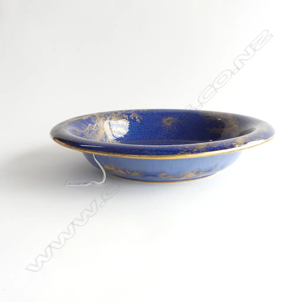 'CRESCENT' LARGE BLUE LUSTRE SHALLOW BOWL GILT FISH & WEED ON MOTTLED BLUE Dia.340mm Image 1++