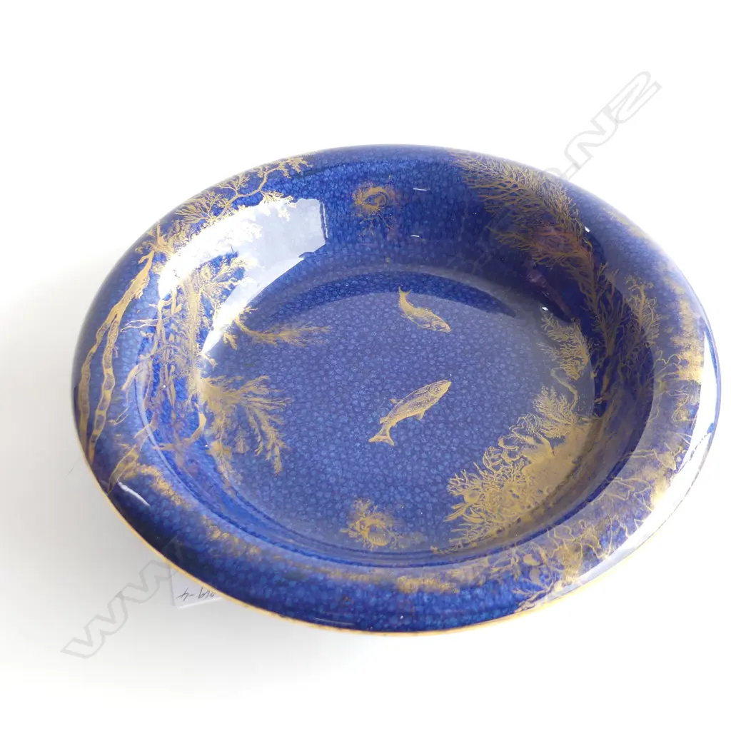 'CRESCENT' LARGE BLUE LUSTRE SHALLOW BOWL GILT FISH & WEED ON MOTTLED BLUE Dia.340mm Image 1++