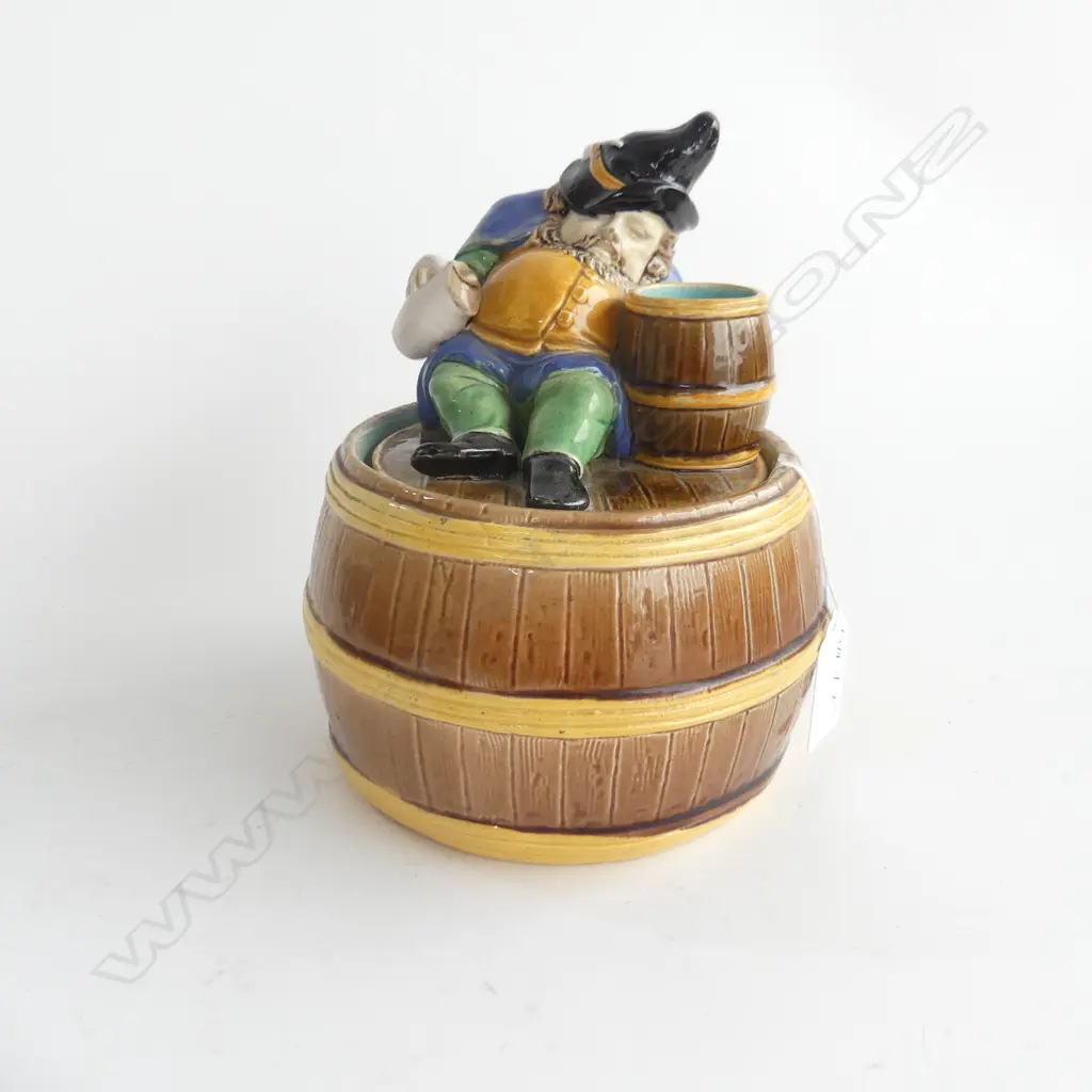 MAJOLICA FIGURAL TOBACCO JAR AND COVER C1885 'DWARF ON BARREL' H.170mm Image 1++