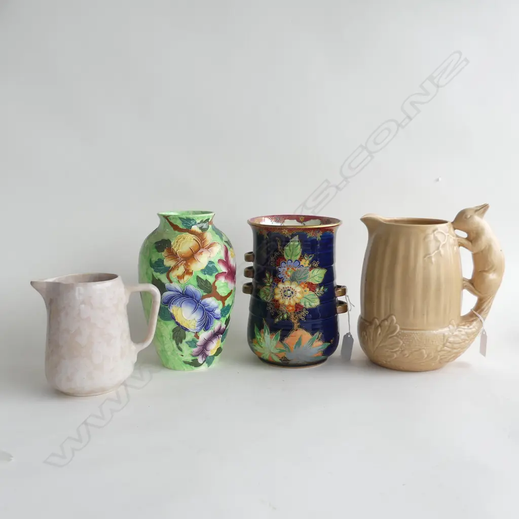 4 PCES CERAMICS; 2 VASES; CROWN DEVON & MALING ; 2 JUGS; SYLVAC & TEMUKA H.200mm Image 1++