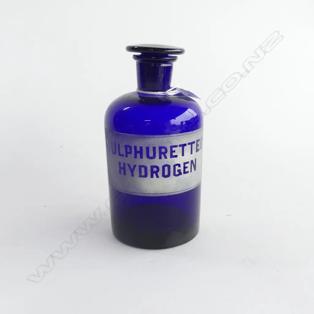 OLD BLUE GLASS CHEMIST'S BOTTLE 'SULPHURETTE HYDROGEN' H.155mm Image 1++