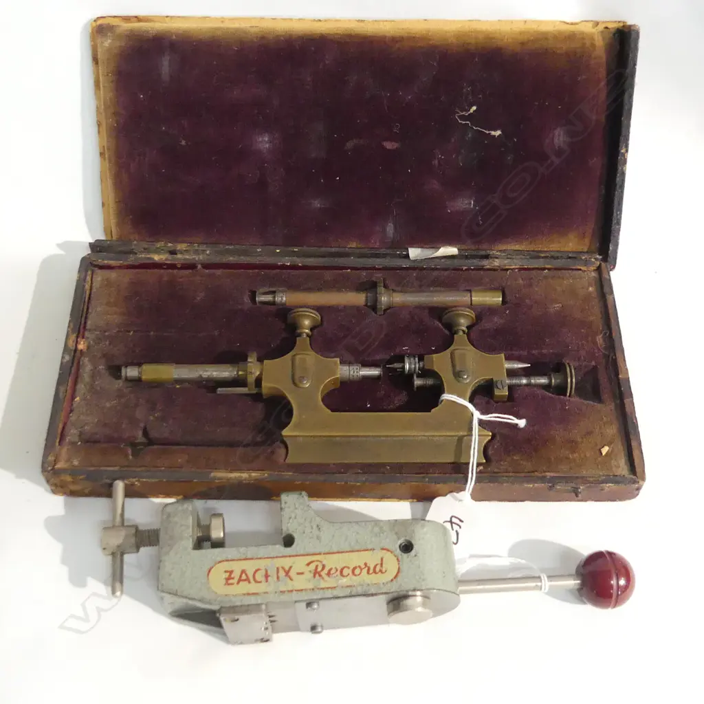 2 ANTIQUE WATCH MAKER'S TOOLS: CASED WATCH MAKER'S LATHE a.f+ WATCH BRACELET STRAP CLAMP 'ZACFIX RECORD' Image 1++