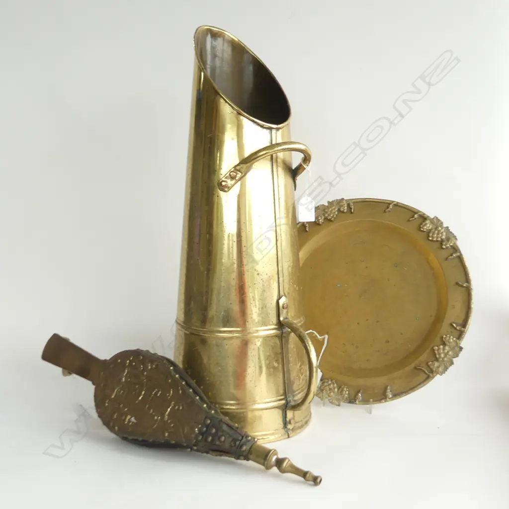 BRASS COAL SCUTTLE BELLOWS & PLATE Image 1++