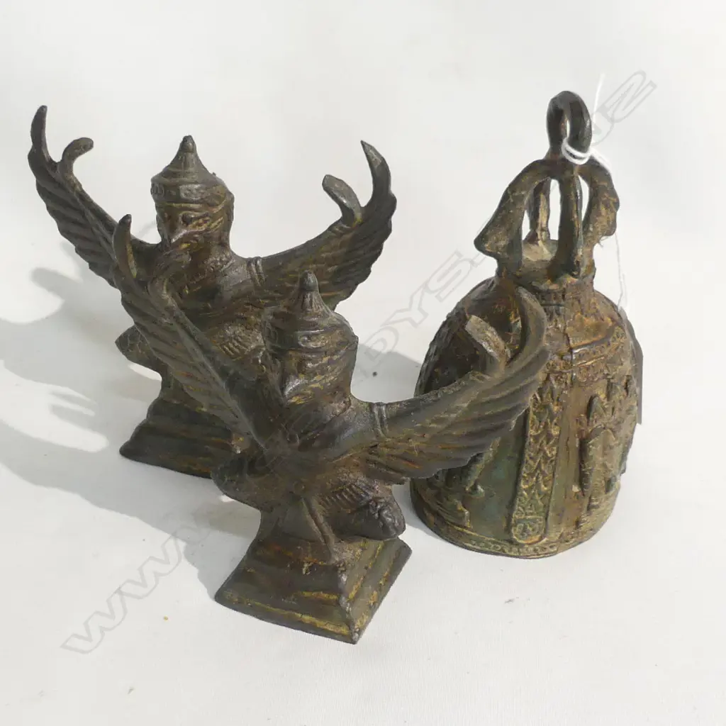 PR ORIENTAL BRONZE GARUDA FIGURES + TEMPLE BELL H.130mm Image 1++