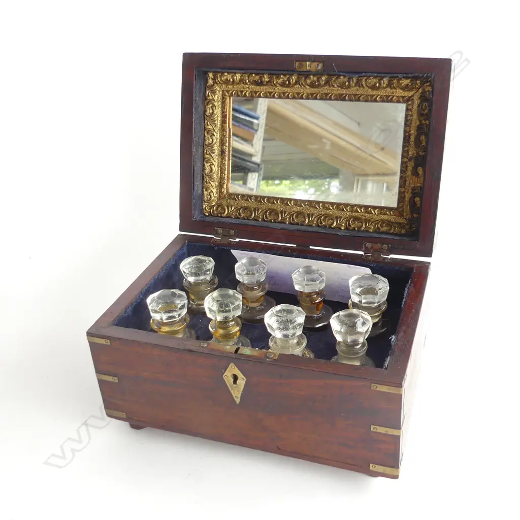 ROSEWOOD INLAID FRENCH PERFUME BOX WITH 8 BOTTLES L 190 MM Image 1++