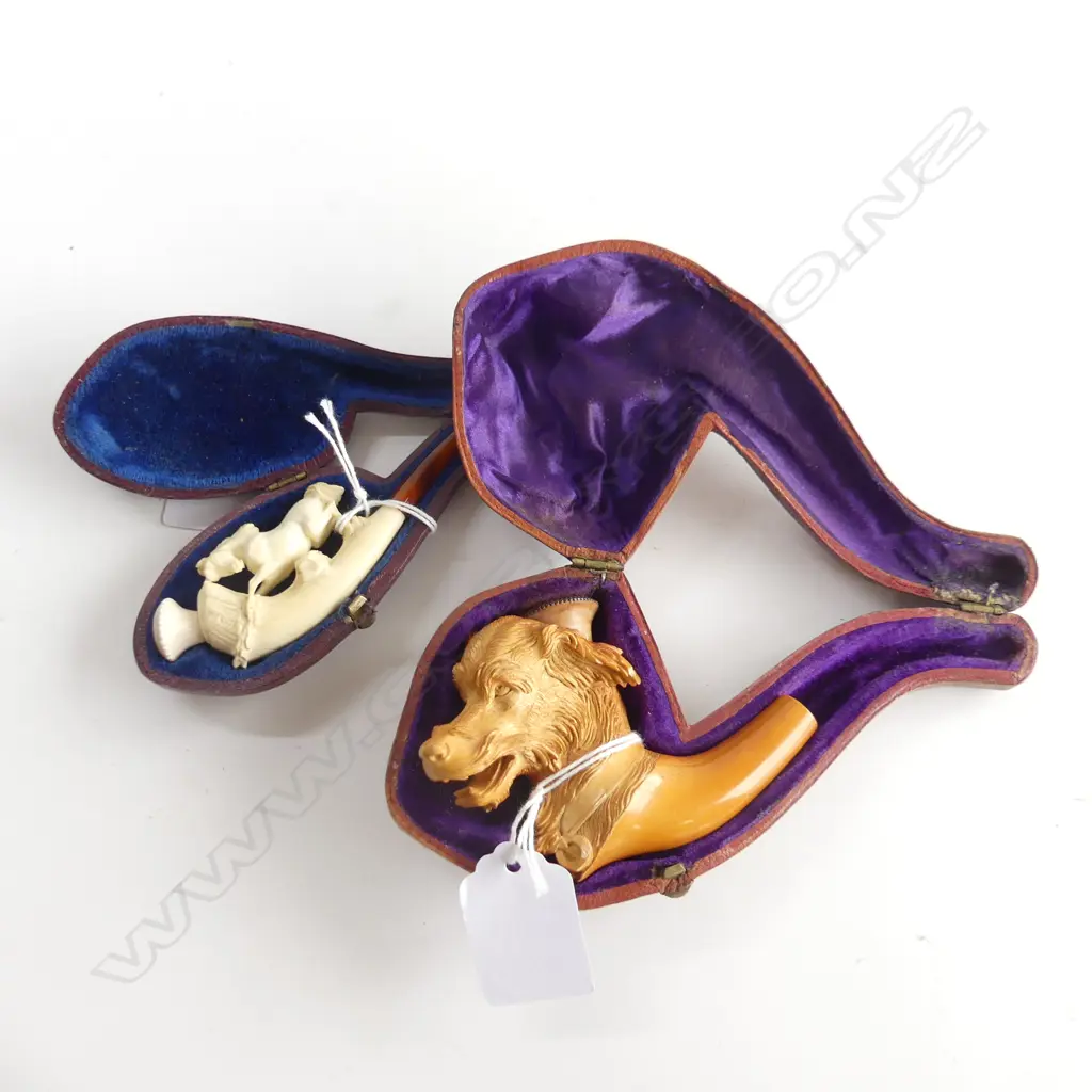 2 ANTIQUE PIPES. MEERSCHAUM dog's head a.f & smaller w horse. Both cased  Image 1++